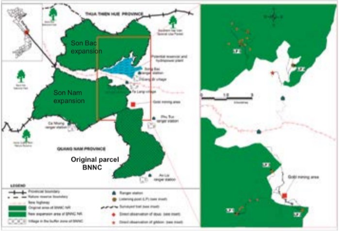 Fig.1. Ba Na–Nui Chua Nature Reserve and the expansion areas Song Nam and Song Bac. Insert map show the study site and surveyed trails, listening posts and direct sightings of red-shanked douc langurs (Pygathrix nemaeus) and northern yellow-cheeked gibbons (Nomascus annamensis).